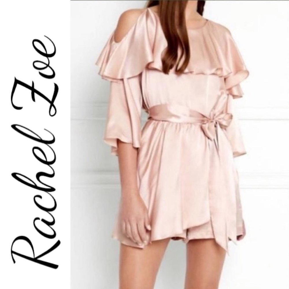 NWT RACHEL ZOE Blush Pink 100% Silk Cold Shoulder Ruffle Sleeve Belted Romper, S